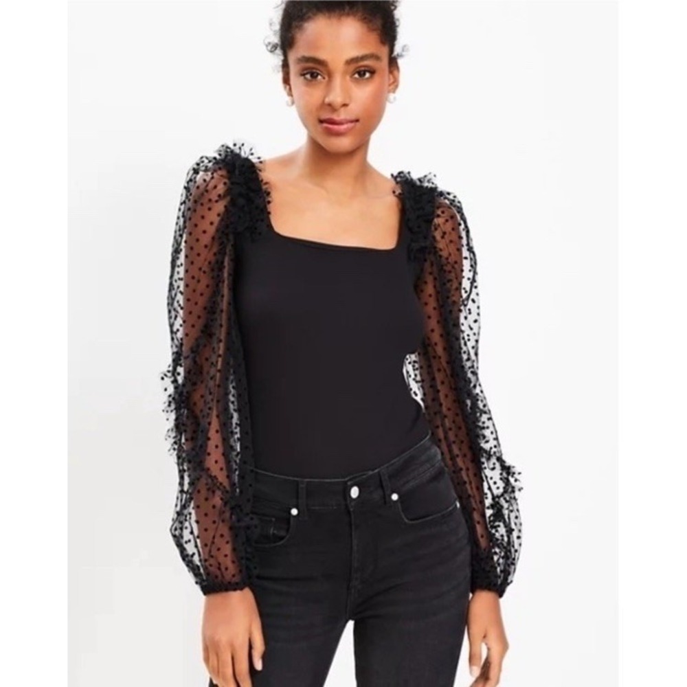 Women's Loft Square‎ Neck Ribbed Long Lace Puffed  Sleeve Shirt Blouse Black S
